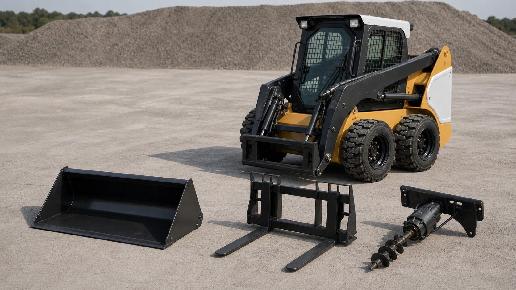 Skid steer loader with bucket, pallet forks and auger attachments