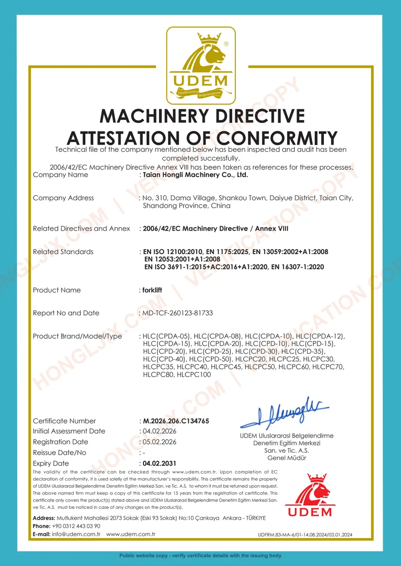 Watermarked public preview of the HONGLI forklift Machinery Directive Attestation of Conformity