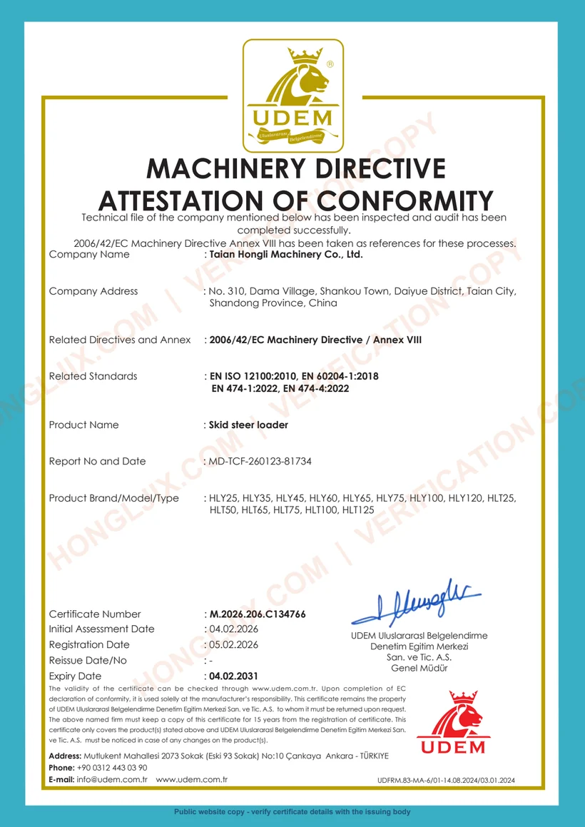 Watermarked public preview of the HONGLI skid-steer loader Machinery Directive Attestation of Conformity