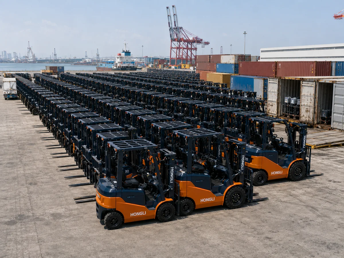 Bulk forklift fleet staged at port for export shipment